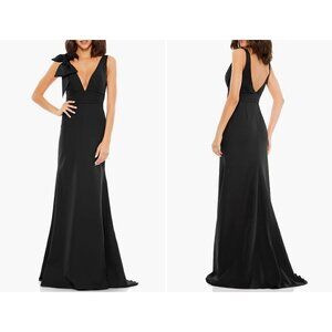 New Mac Duggal Size 12 Bow Shoulder V-Neck Gown Black Maxi Prom Party *Stains*